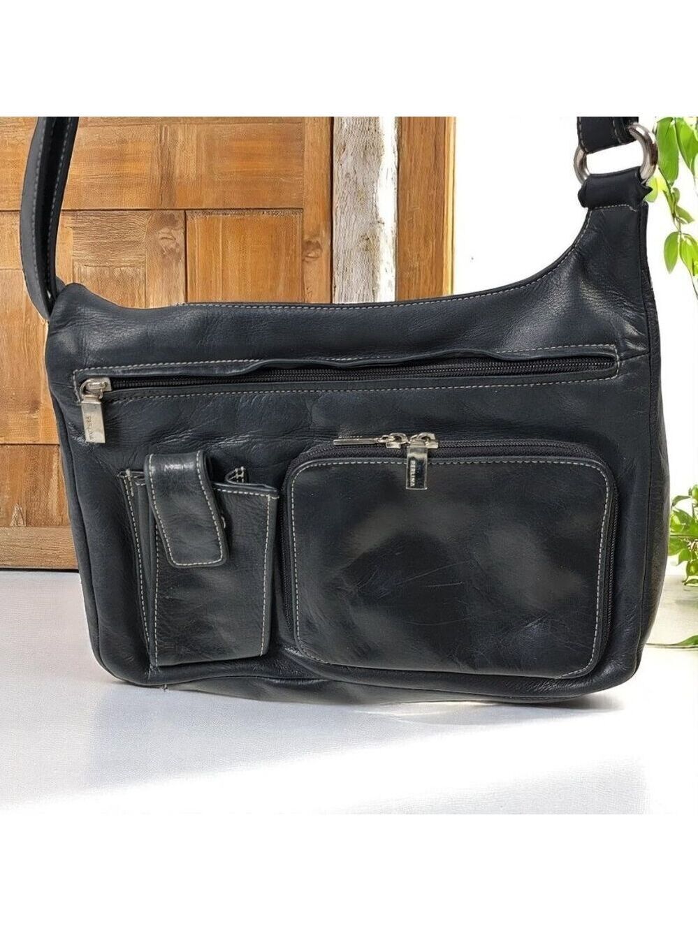 Vintage Perlina Black Leather Crossbody Bag with Organizer Pockets